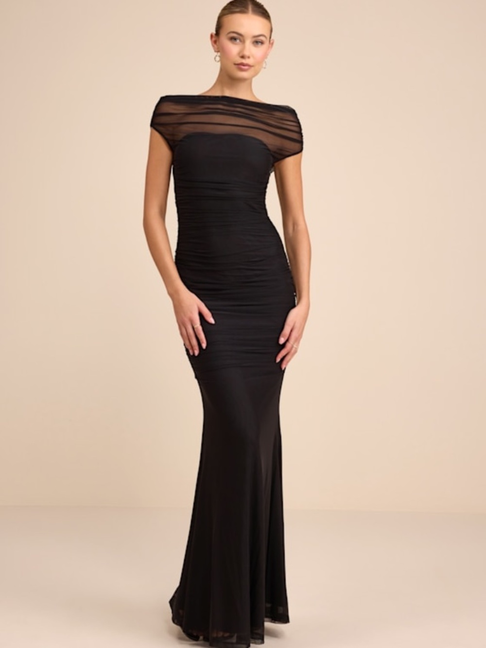 Lulus Sunama Black Mesh Ruched Mermaid Maxi Dress - Size S